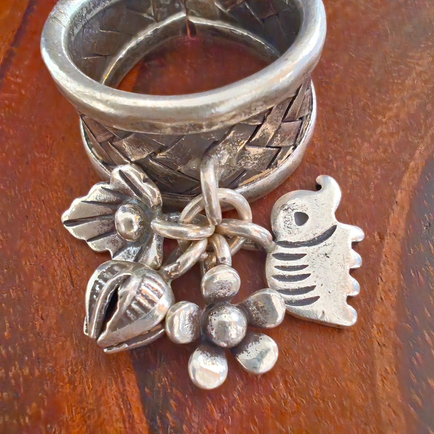 Boho Braided Adjustable Sterling Silver Ring With Elephant Flower Leaf Bud Charms