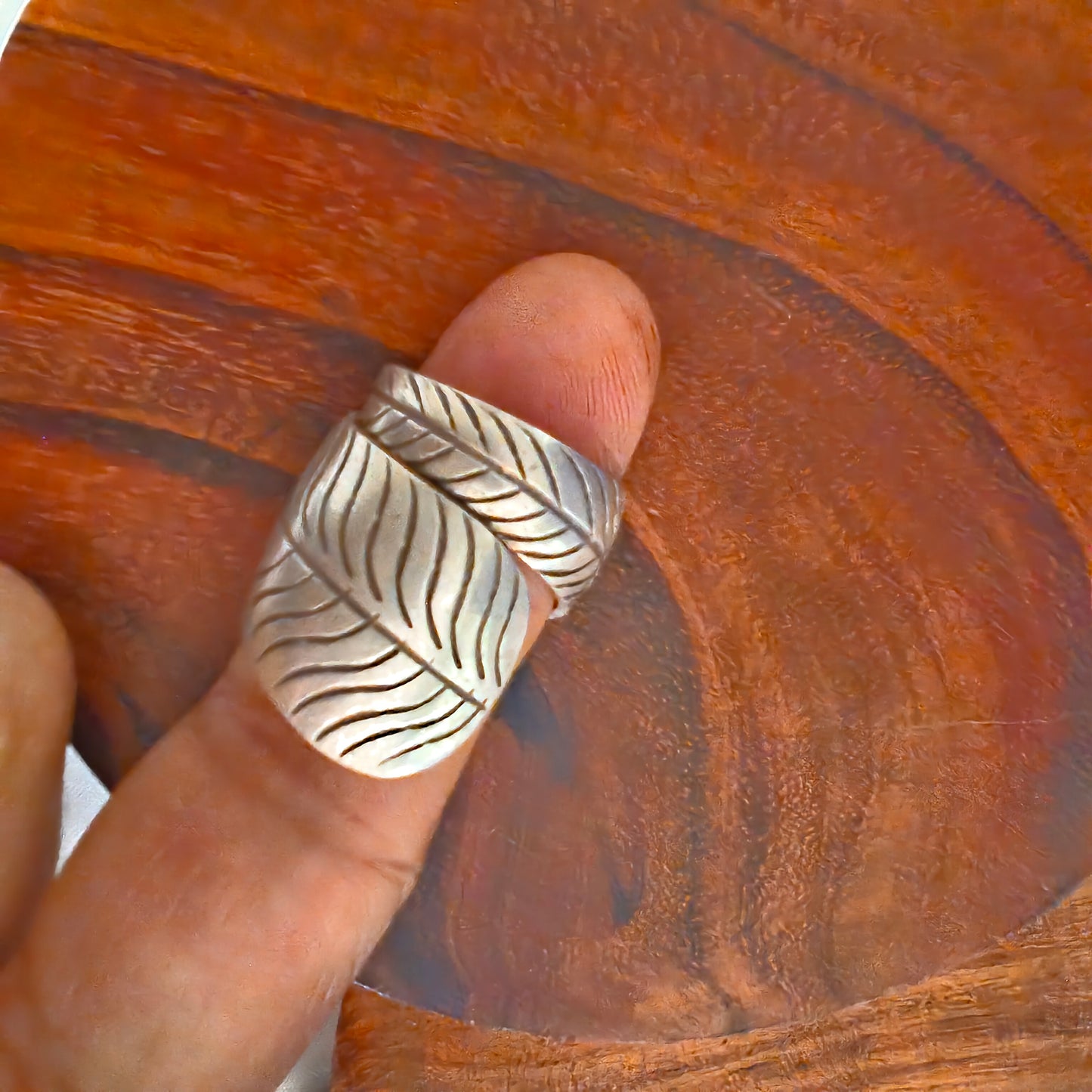 Boho Antique Leaf Sterling Silver Ring With Texture  (ii)