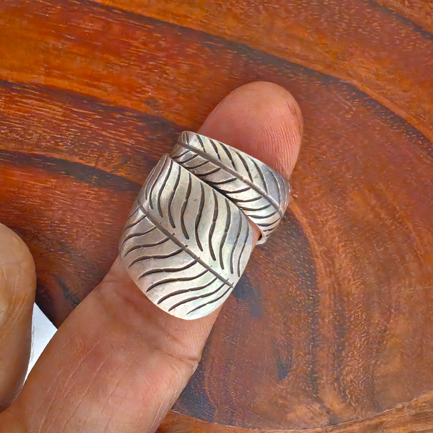 Boho Antique Leaf Sterling Silver Ring With Texture  (ii)