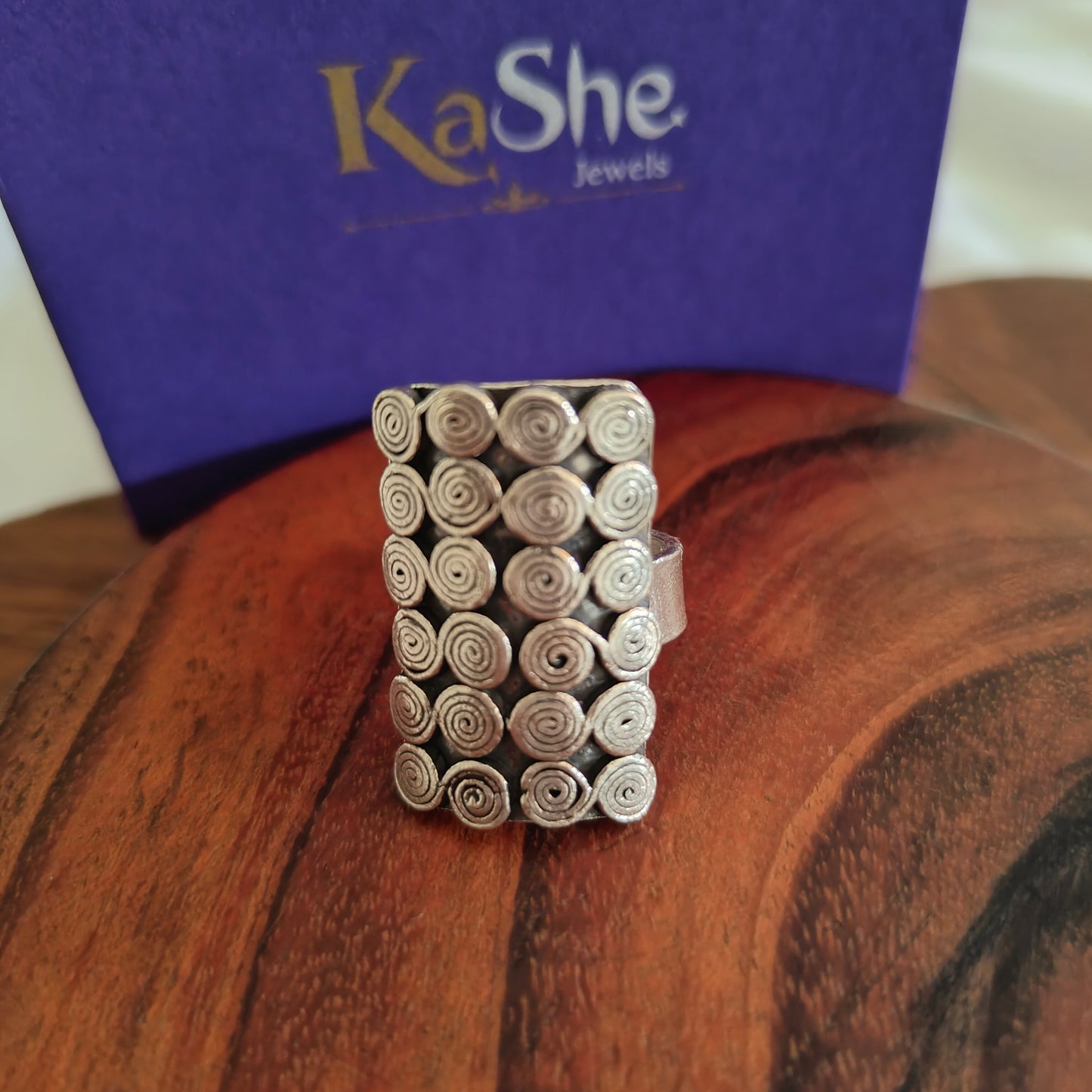 Spiral 925 Silver Excuisite Statement Adjustable Rectangular Ring Long
