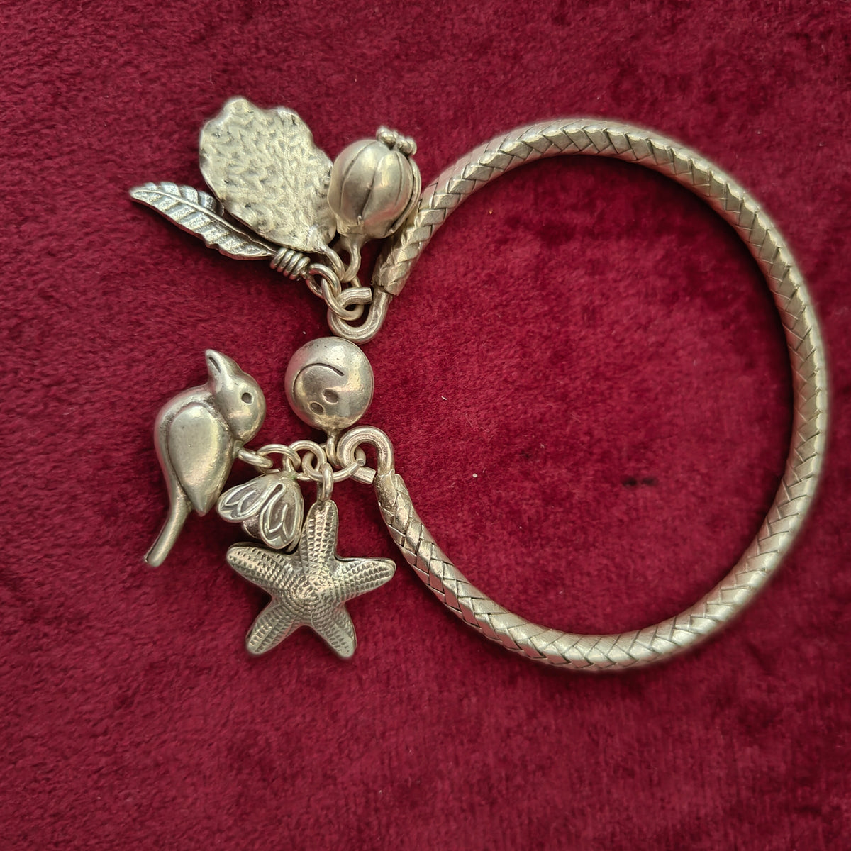 Exclusive Braided Sterling Silver Charms Kada With Bird, Flower, Leaves, Buds, Smiley And Star