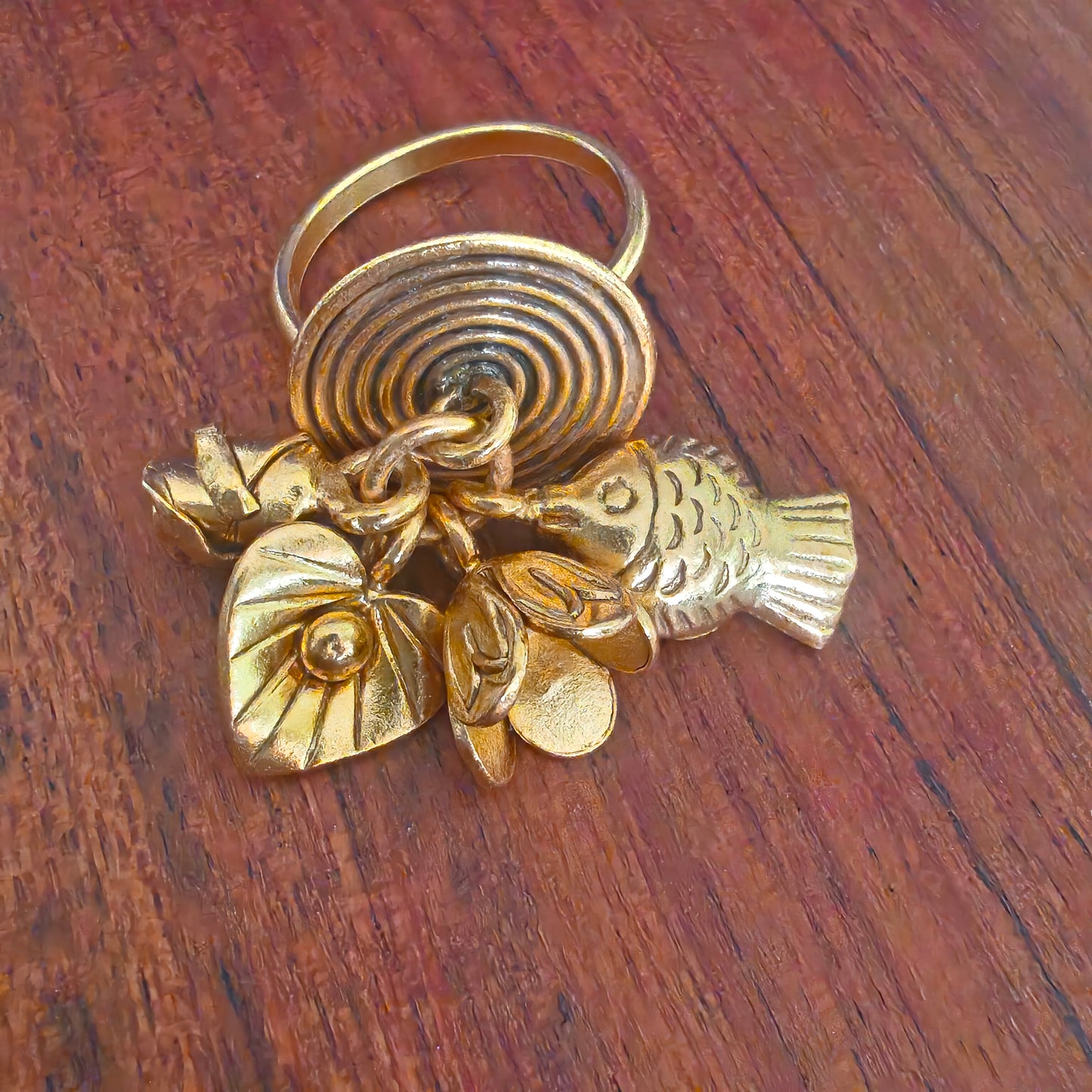 925 Silver Pure Charms Ring With Fish Flower Rose And Leaf Adjustable Circle of Life Ring With Gold Polish