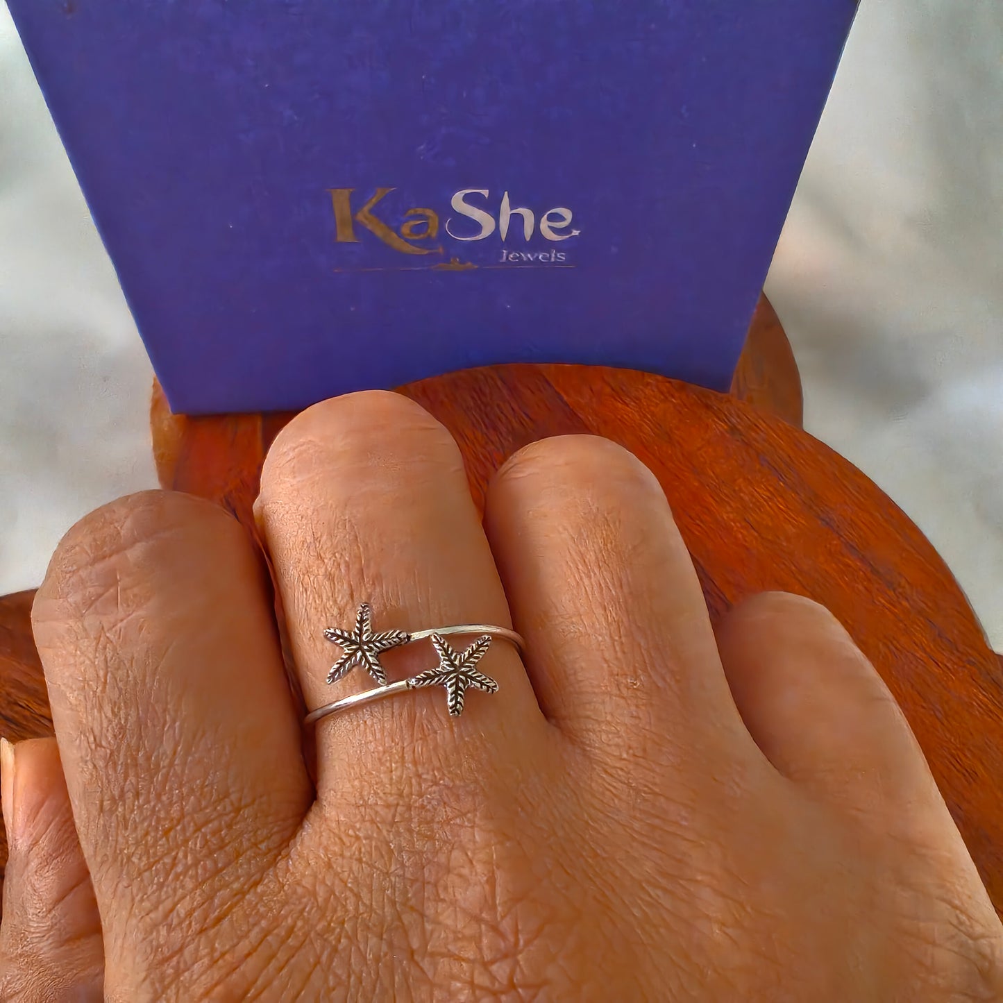 925 Silver Textured Double Star Dainty Ring (size 8)