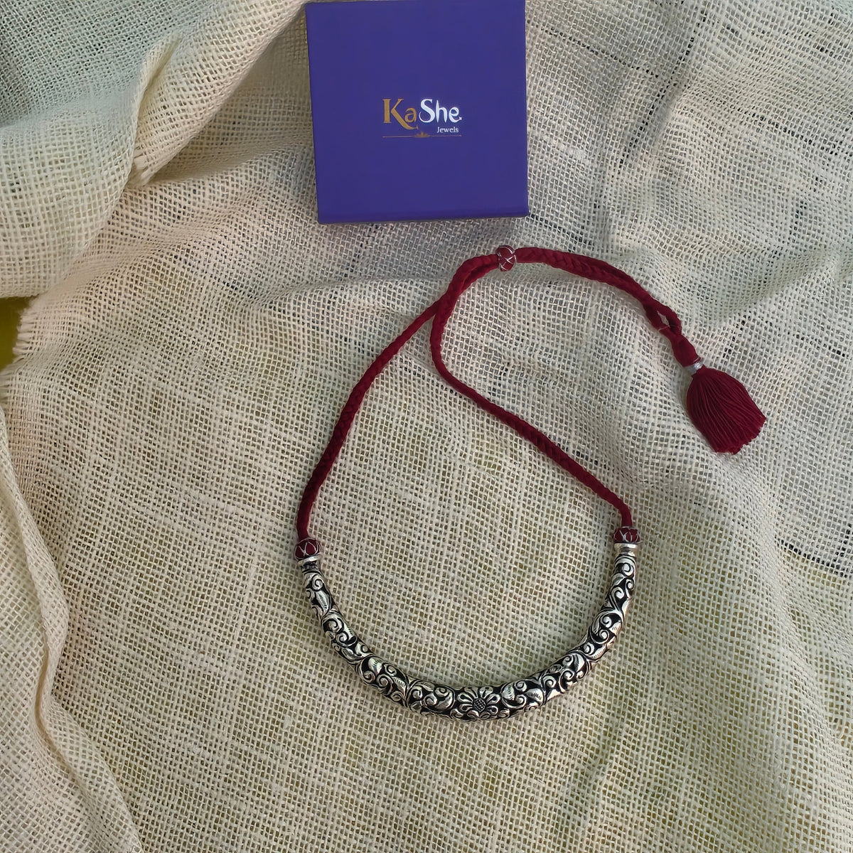 Versatile Choker Necklace Hasli with Handcrafted Chitai Intricate Flower With Maroon Thread Pipe Dori Long (ii)