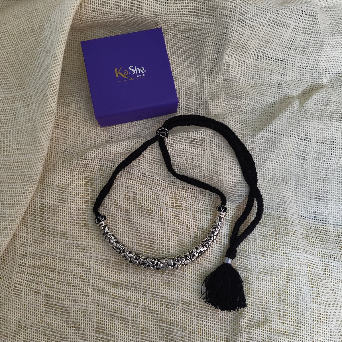 Versatile Choker Necklace Hasli with Handcrafted Chitai Intrcate Flower With Black Thread Pipe Dori (i)
