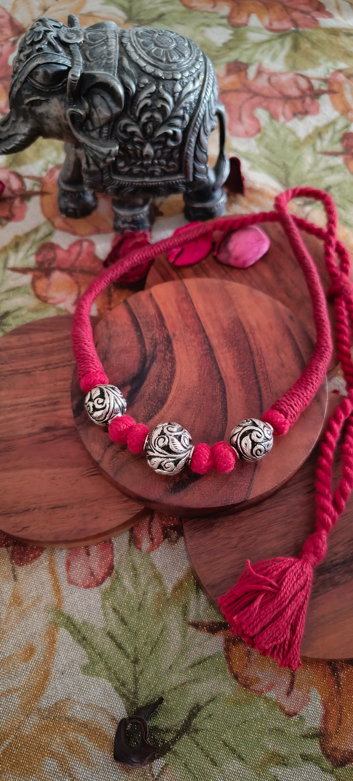 Versatile Choker Necklace Three Ball with Handcrafted Chitai Intricate Flower With Black Maroon Red Pipe Dori