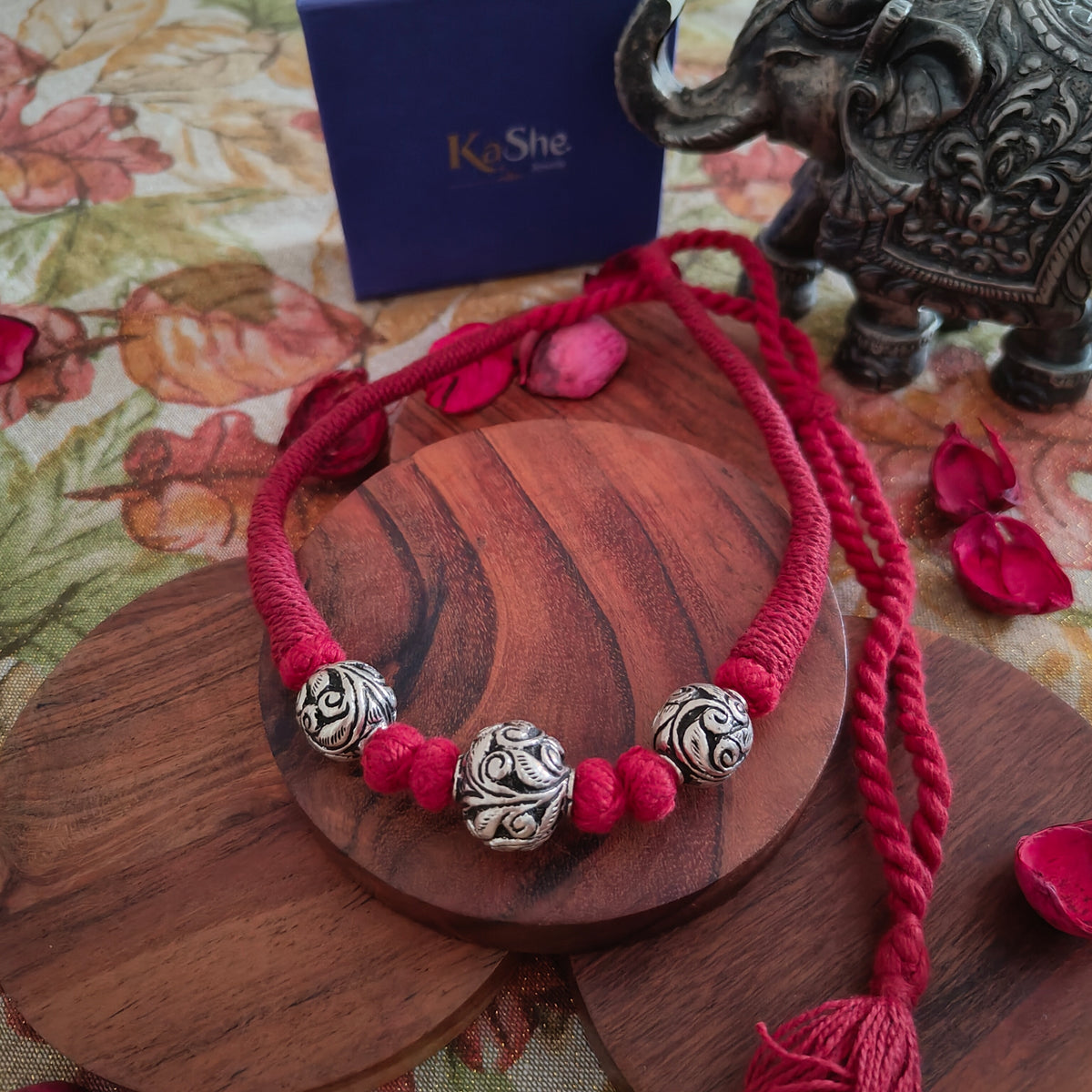 Versatile Choker Necklace Three Ball with Handcrafted Chitai Intricate Flower With Black Maroon Red Pipe Dori