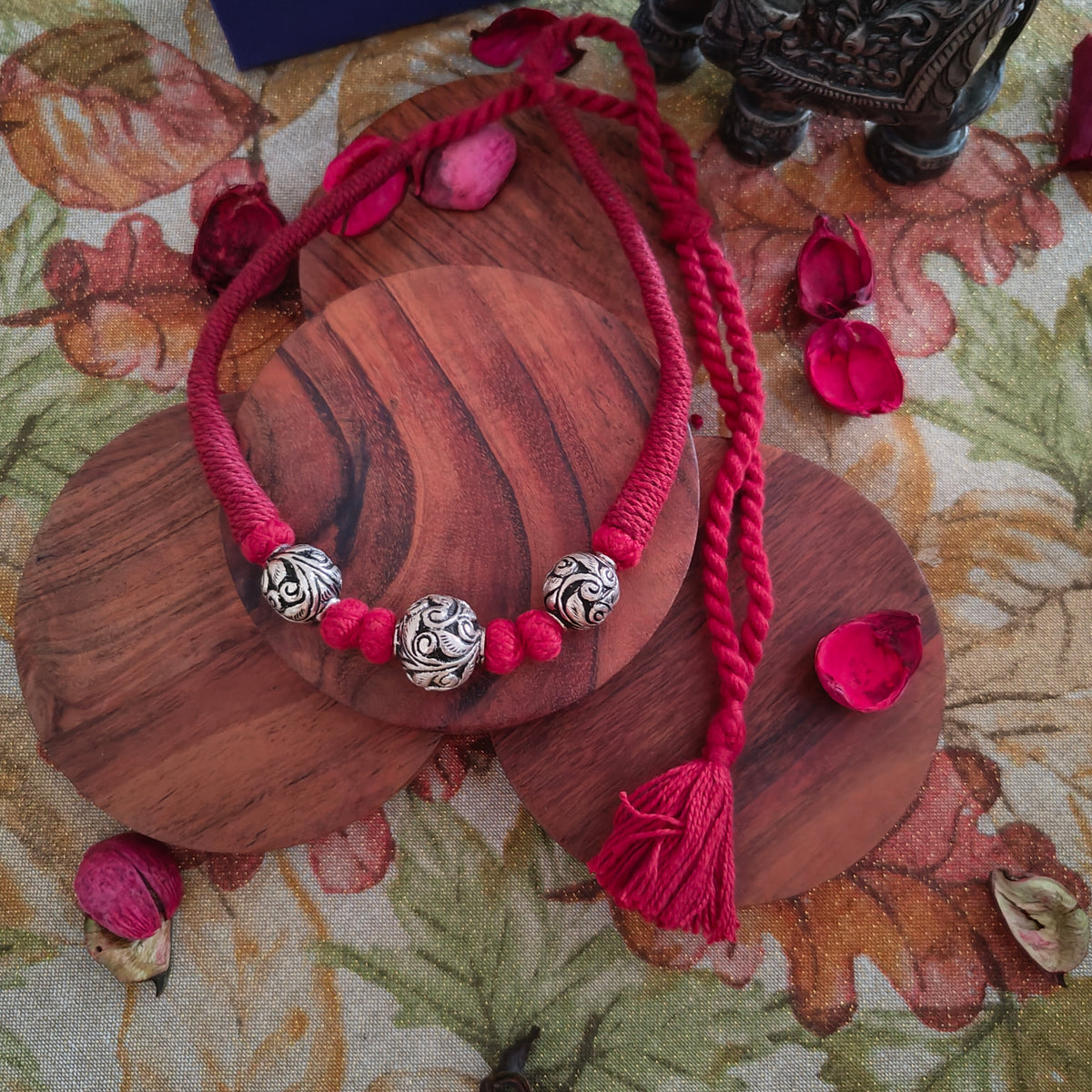 Versatile Choker Necklace Three Ball with Handcrafted Chitai Intricate Flower With Black Maroon Red Pipe Dori