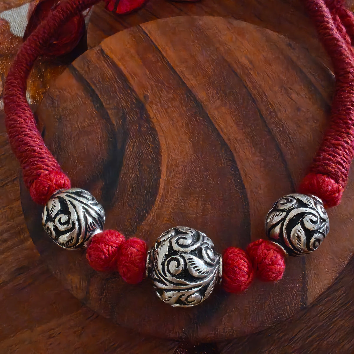 Versatile Choker Necklace Three Ball with Handcrafted Chitai Intricate Flower With Black Maroon Red Pipe Dori