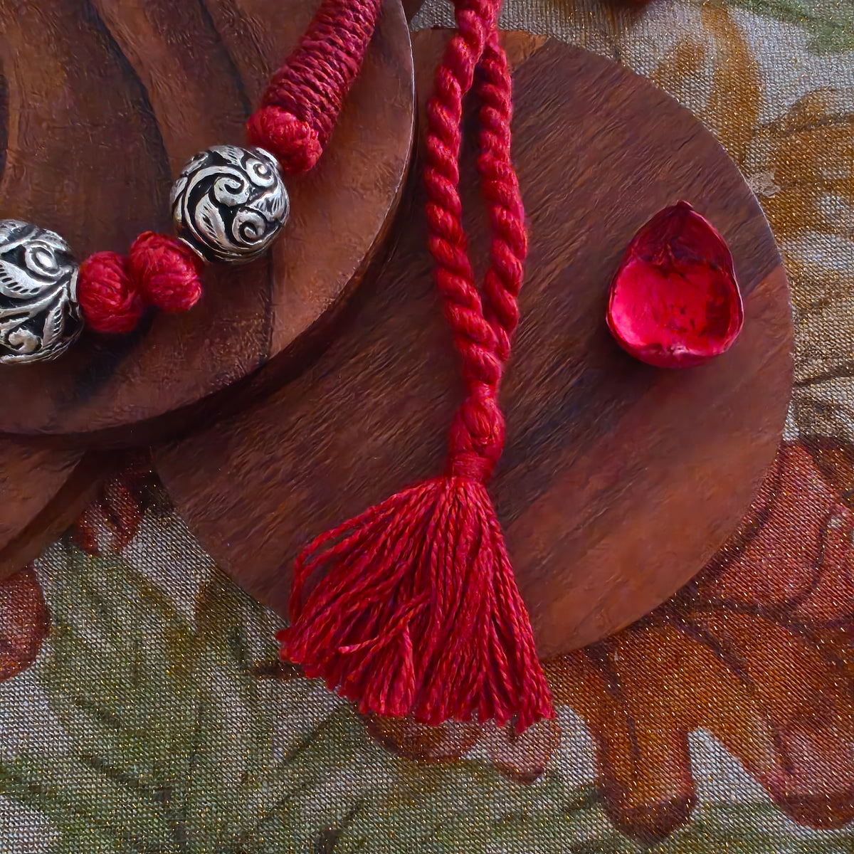 Versatile Choker Necklace Three Ball with Handcrafted Chitai Intricate Flower With Black Maroon Red Pipe Dori