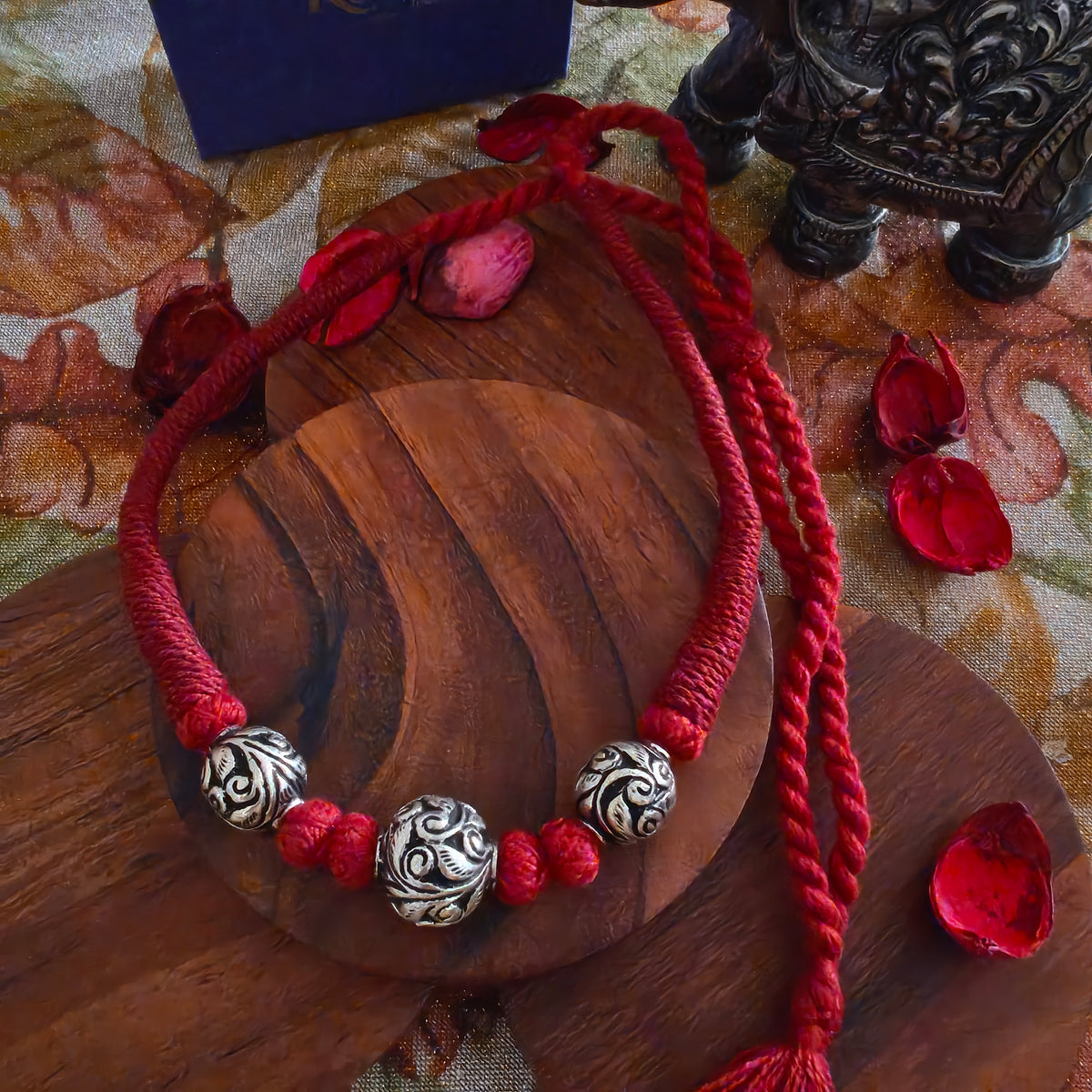 Versatile Choker Necklace Three Ball with Handcrafted Chitai Intricate Flower With Black Maroon Red Pipe Dori