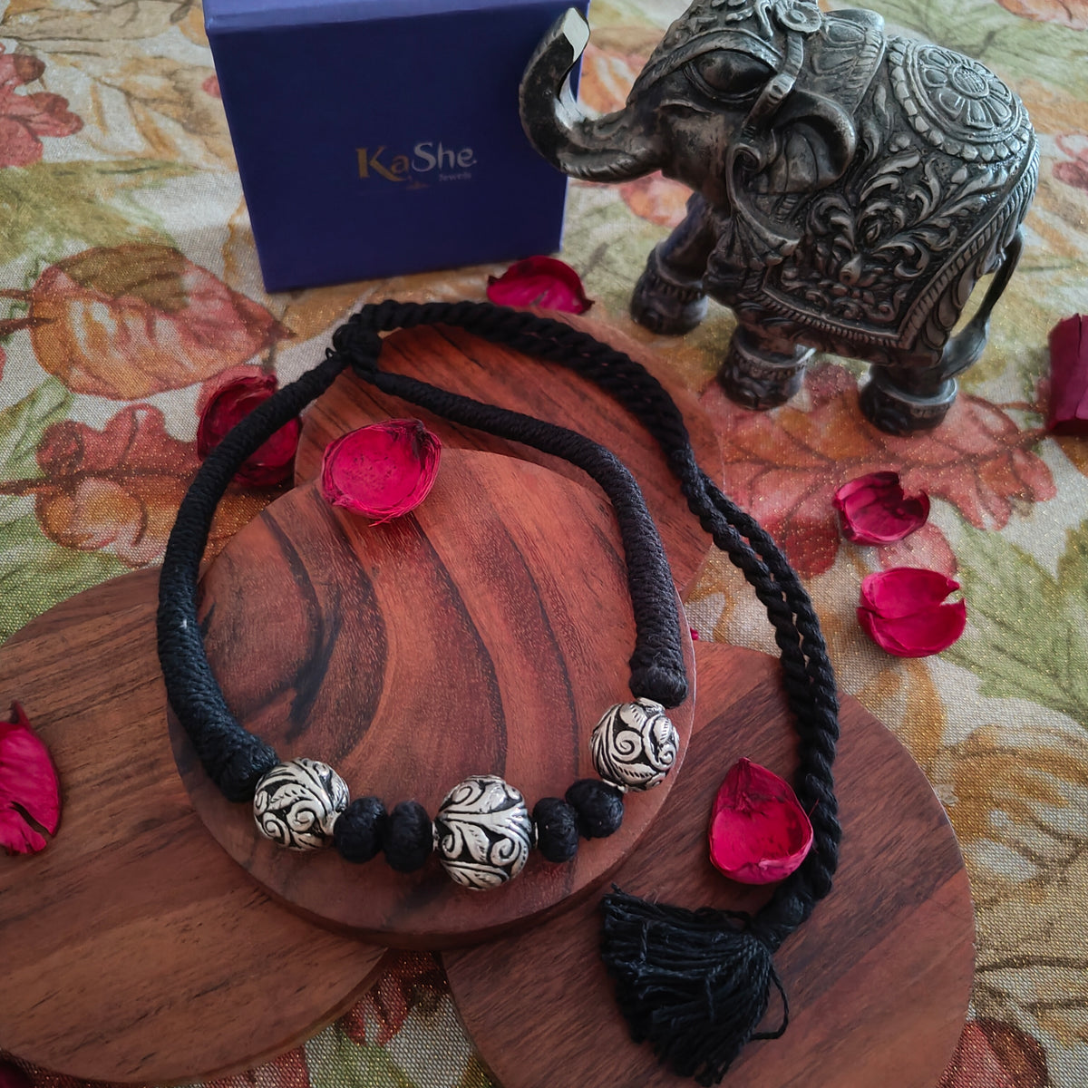 Versatile Choker Necklace Three Ball with Handcrafted Chitai Intrcate Flower With Black Thread Pipe Dori