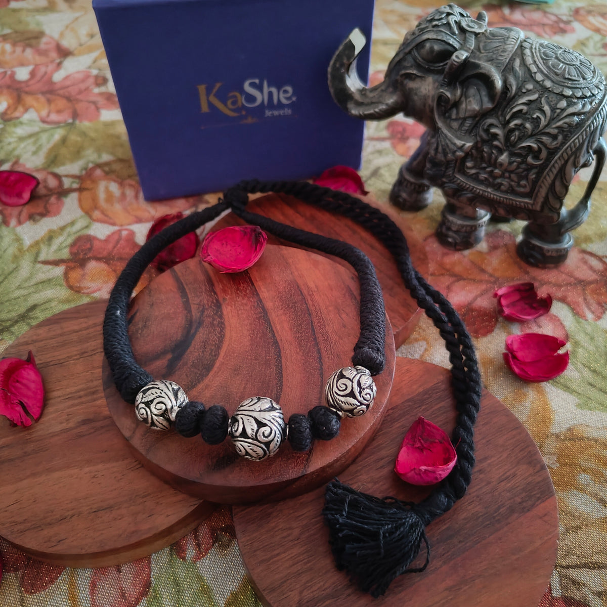 Versatile Choker Necklace Three Ball with Handcrafted Chitai Intrcate Flower With Black Thread Pipe Dori