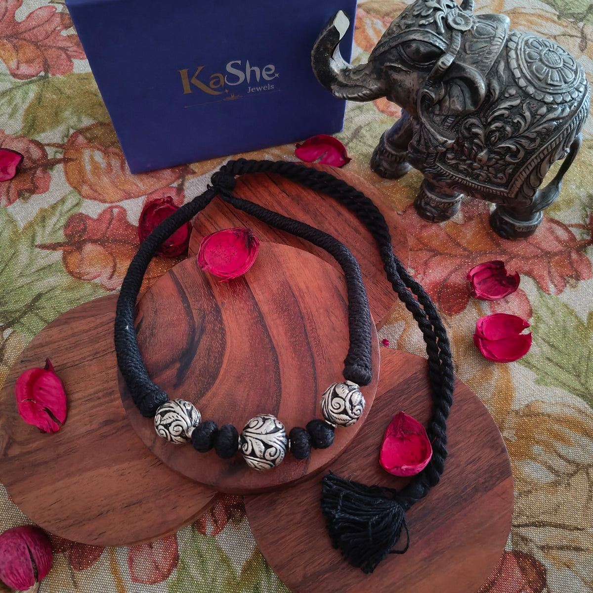 Versatile Choker Necklace Three Ball with Handcrafted Chitai Intrcate Flower With Black Thread Pipe Dori