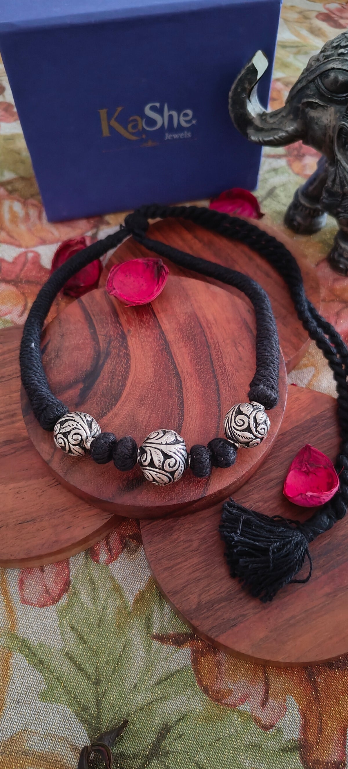 Versatile Choker Necklace Three Ball with Handcrafted Chitai Intrcate Flower With Black Thread Pipe Dori