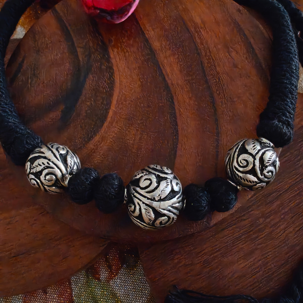 Versatile Choker Necklace Three Ball with Handcrafted Chitai Intrcate Flower With Black Thread Pipe Dori