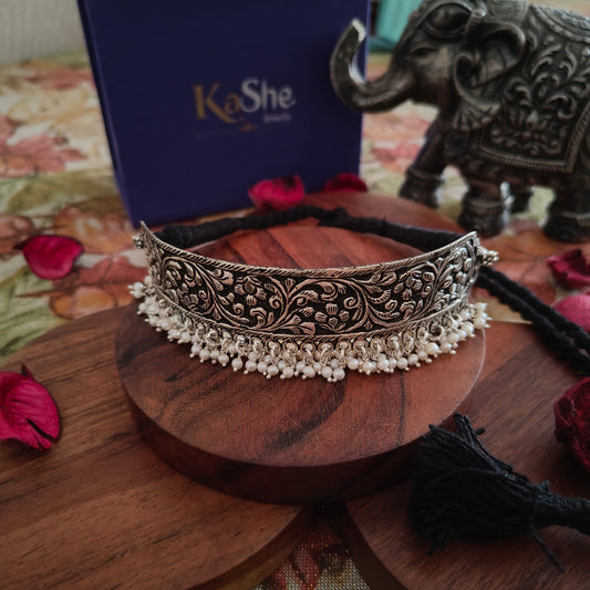 Versatile Choker Necklace with Handcrafted Chitai Intrcate Flower With Black Thread Dori