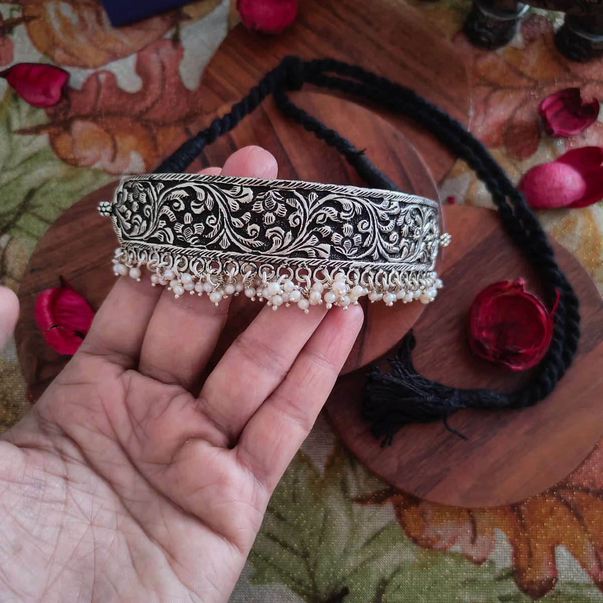 Versatile Choker Necklace with Handcrafted Chitai Intrcate Flower With Black Thread Dori