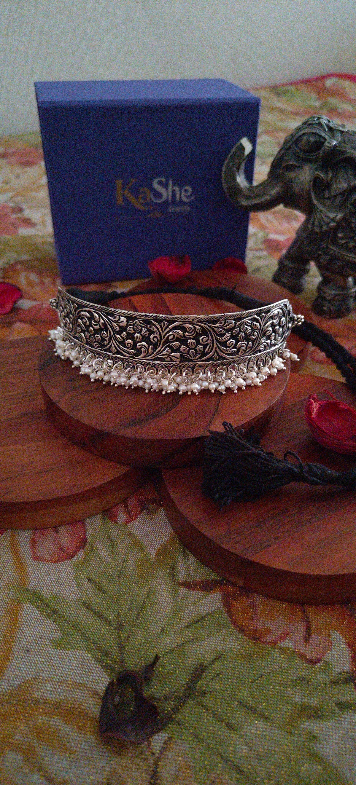 Versatile Choker Necklace with Handcrafted Chitai Intrcate Flower With Black Thread Dori
