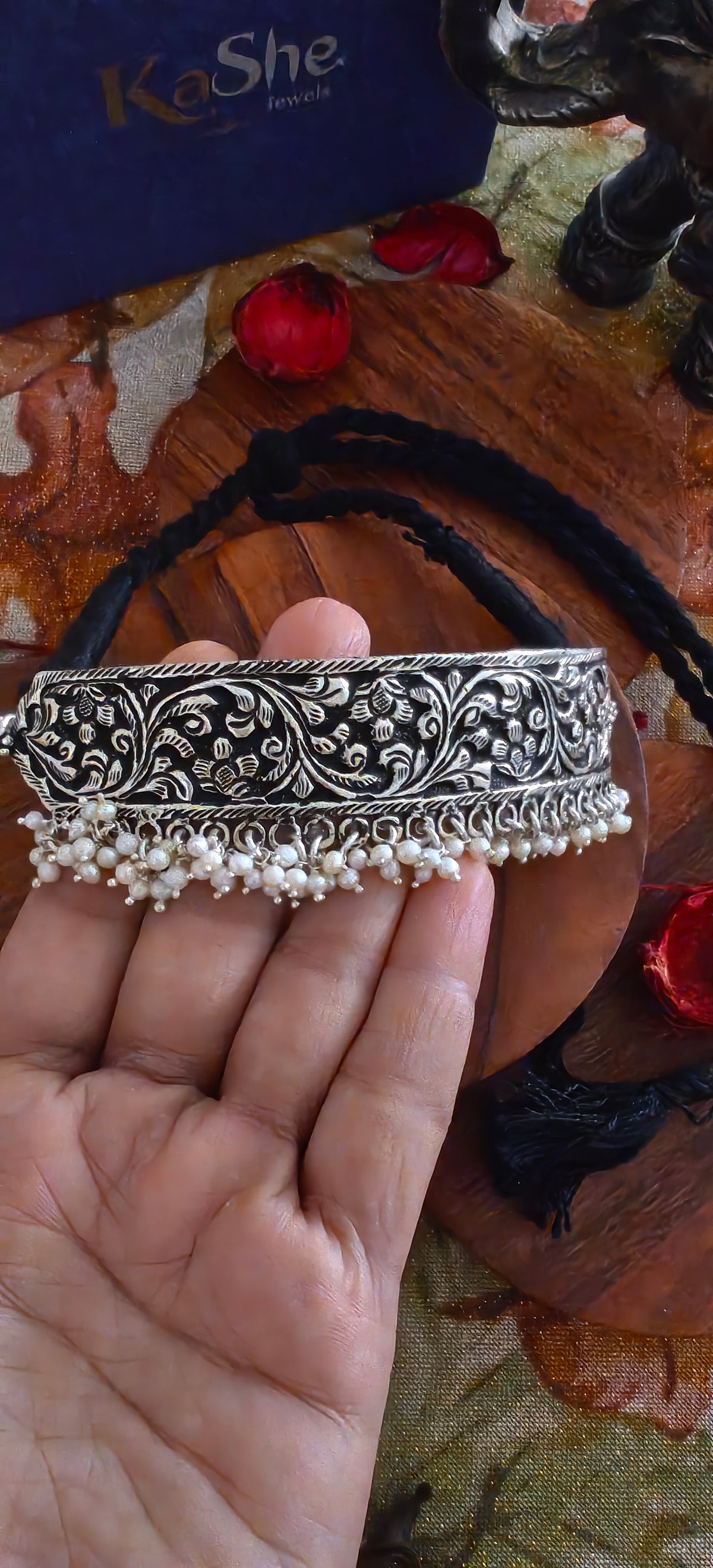 Versatile Choker Necklace with Handcrafted Chitai Intrcate Flower With Black Thread Dori