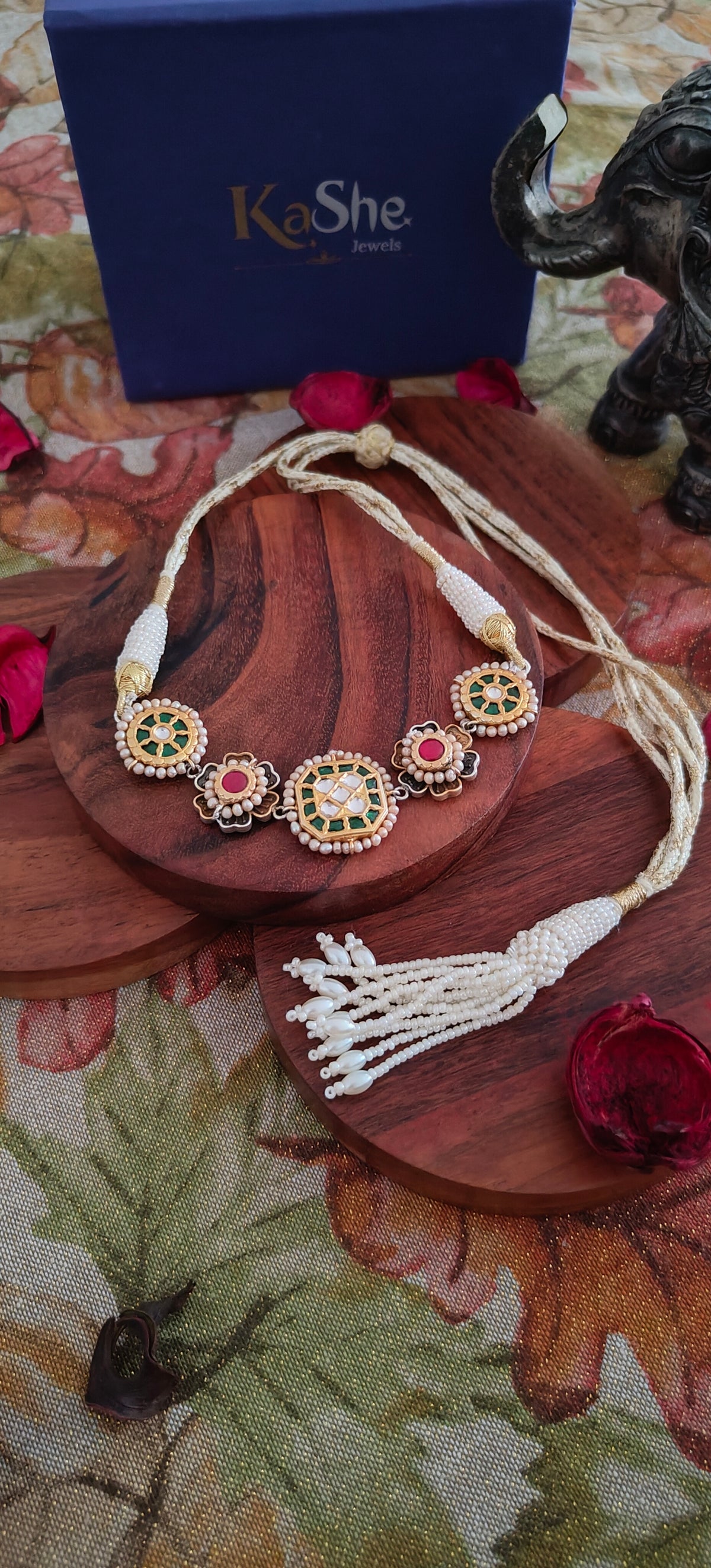 Exclusive Elegant Kundan Pearl Fusion Work Silver Gold Polished Necklace With Intricate Details With Pearl Thread Dori