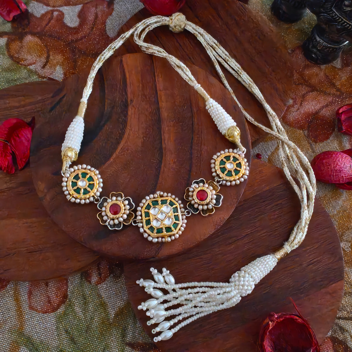 Exclusive Elegant Kundan Pearl Fusion Work Silver Gold Polished Necklace With Intricate Details With Pearl Thread Dori
