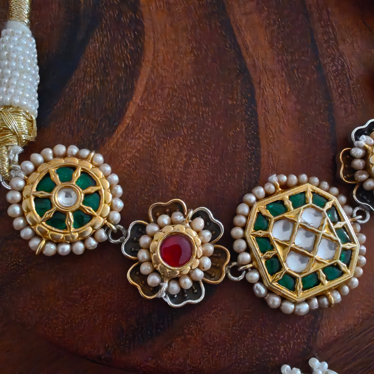 Exclusive Elegant Kundan Pearl Fusion Work Silver Gold Polished Necklace With Intricate Details With Pearl Thread Dori