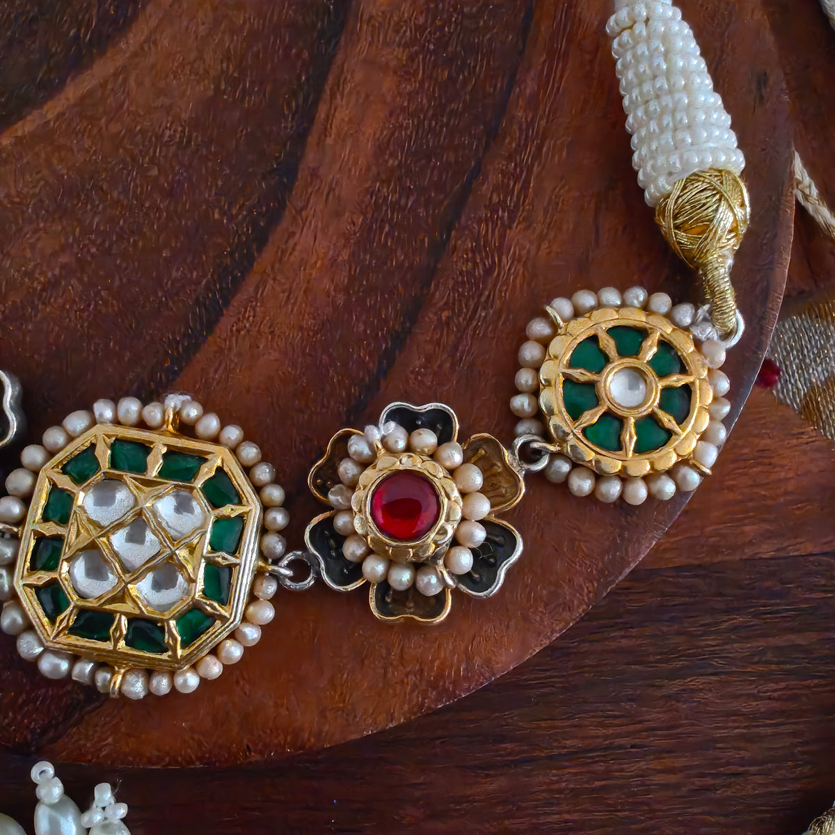 Exclusive Elegant Kundan Pearl Fusion Work Silver Gold Polished Necklace With Intricate Details With Pearl Thread Dori
