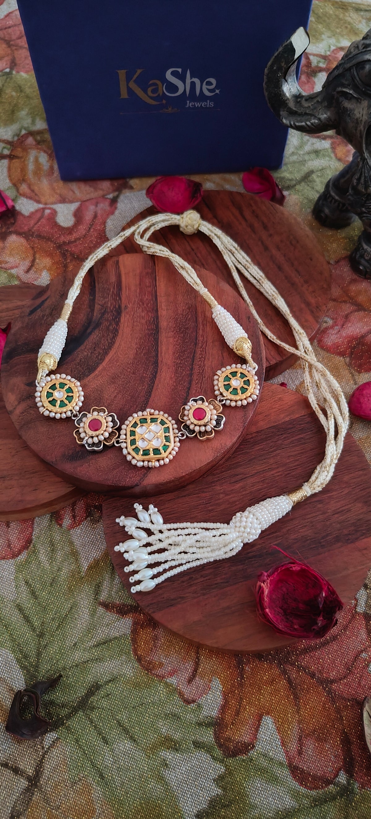 Exclusive Elegant Kundan Pearl Fusion Work Silver Gold Polished Necklace With Intricate Details With Pearl Thread Dori