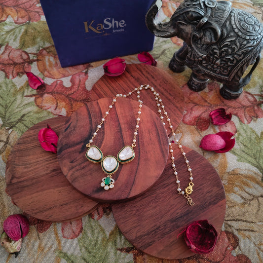 Exclusive Elegant Moisannite Green Flower Fusion Silver Gold Polished Necklace With Intricate Details With Pearl Gold Polished Chain