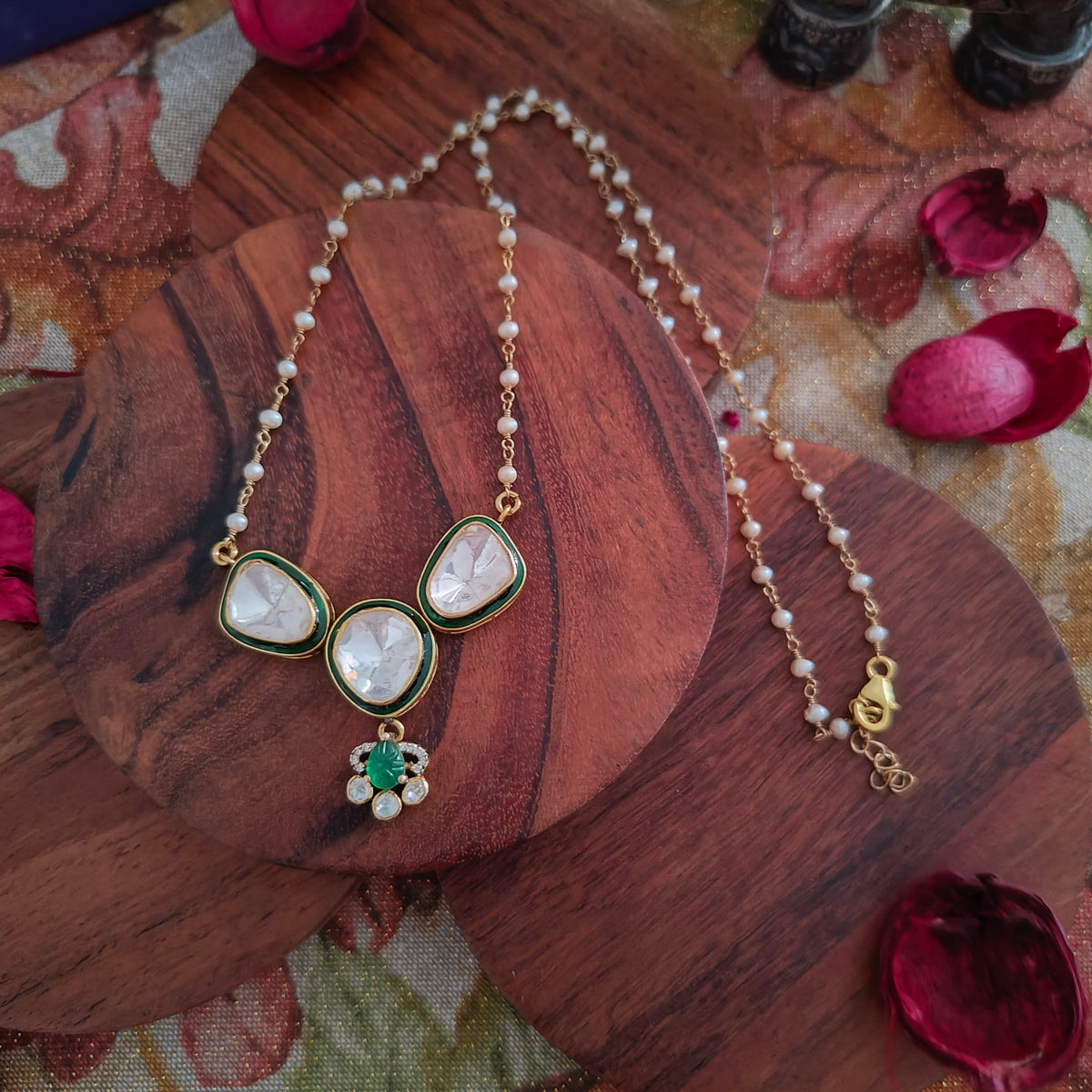 Exclusive Elegant Moisannite Green Flower Fusion Silver Gold Polished Necklace With Intricate Details With Pearl Gold Polished Chain