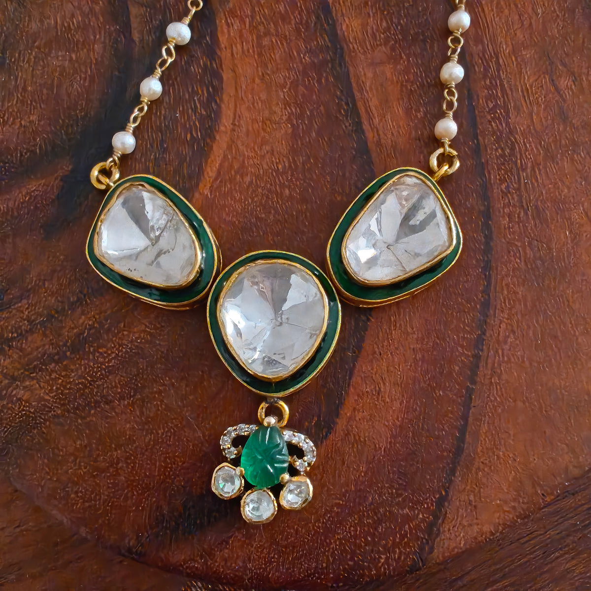 Exclusive Elegant Moisannite Green Flower Fusion Silver Gold Polished Necklace With Intricate Details With Pearl Gold Polished Chain