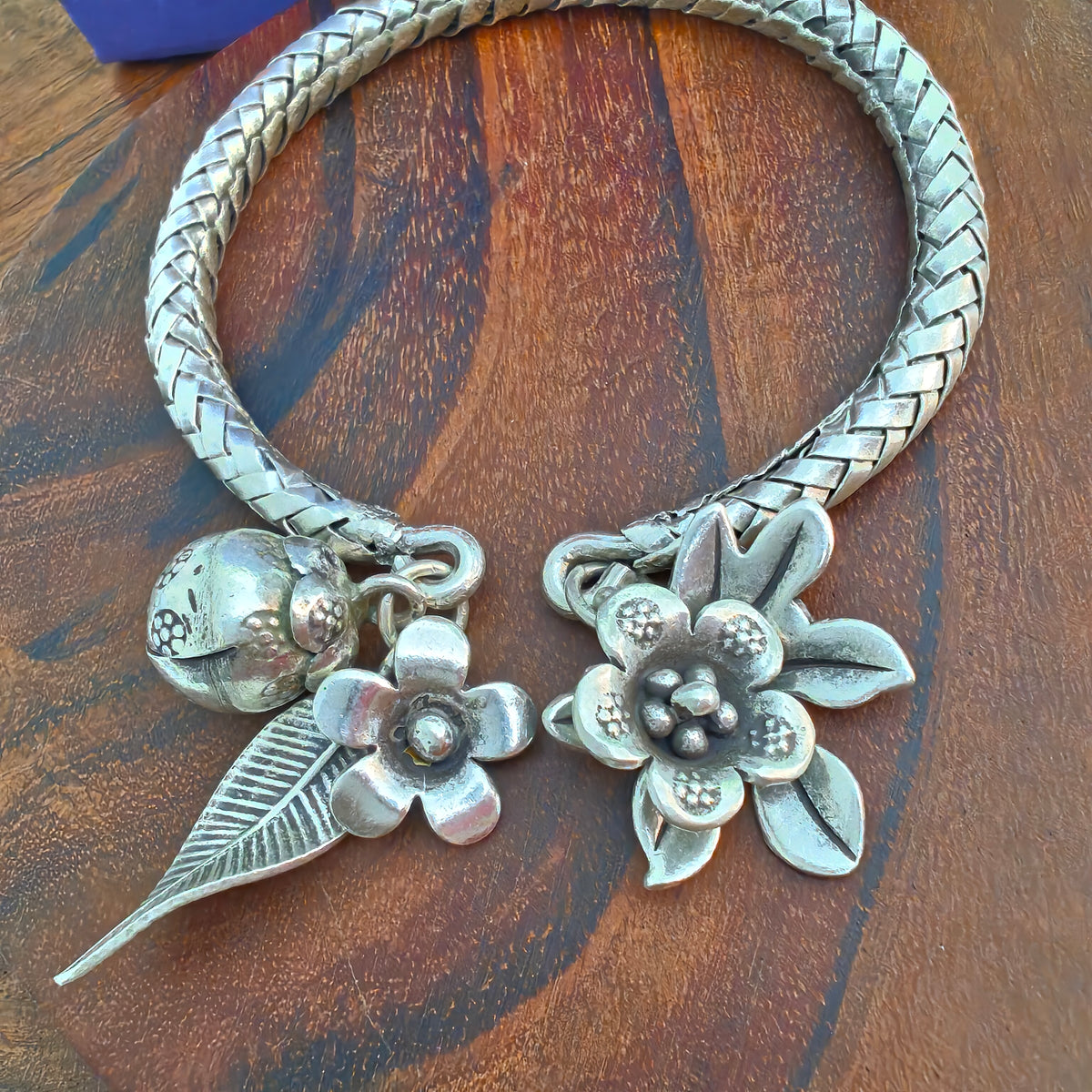 Exclusive Braided Sterling Silver Charms Kada With Flowers, Leaves , Maple Leaf, Charms Textured Ball