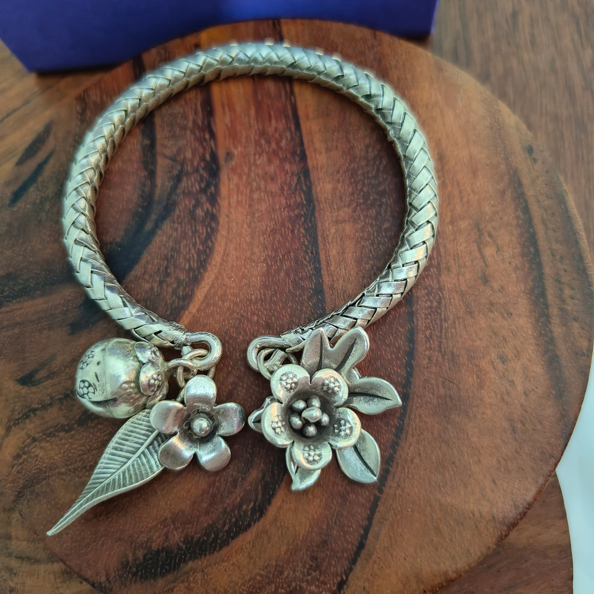 Exclusive Braided Sterling Silver Charms Kada With Flowers, Leaves , Maple Leaf, Charms Textured Ball