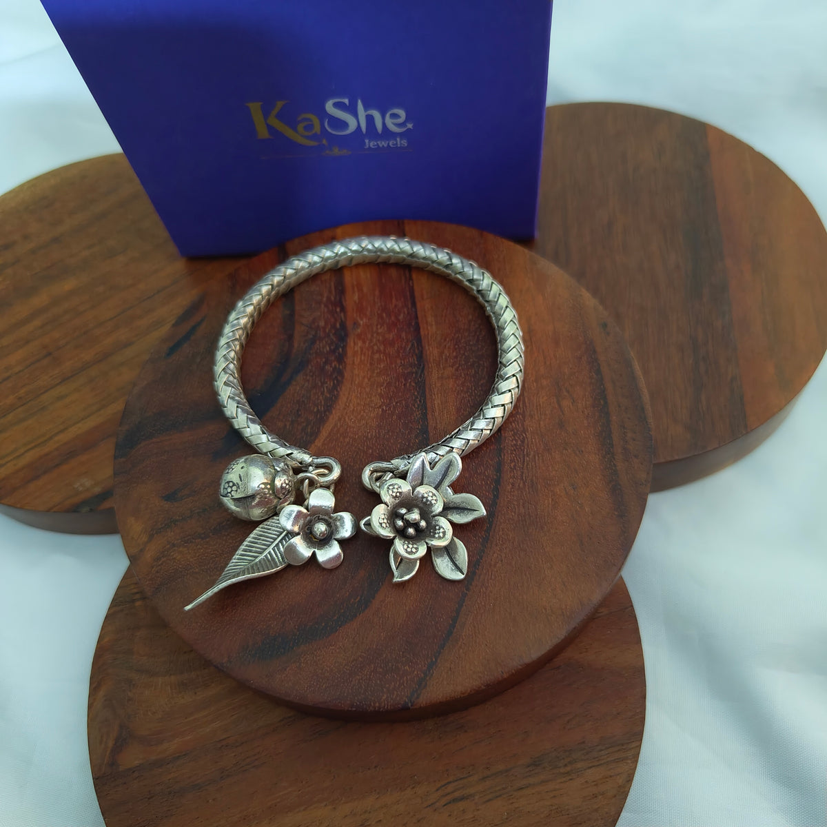 Exclusive Braided Sterling Silver Charms Kada With Flowers, Leaves , Maple Leaf, Charms Textured Ball
