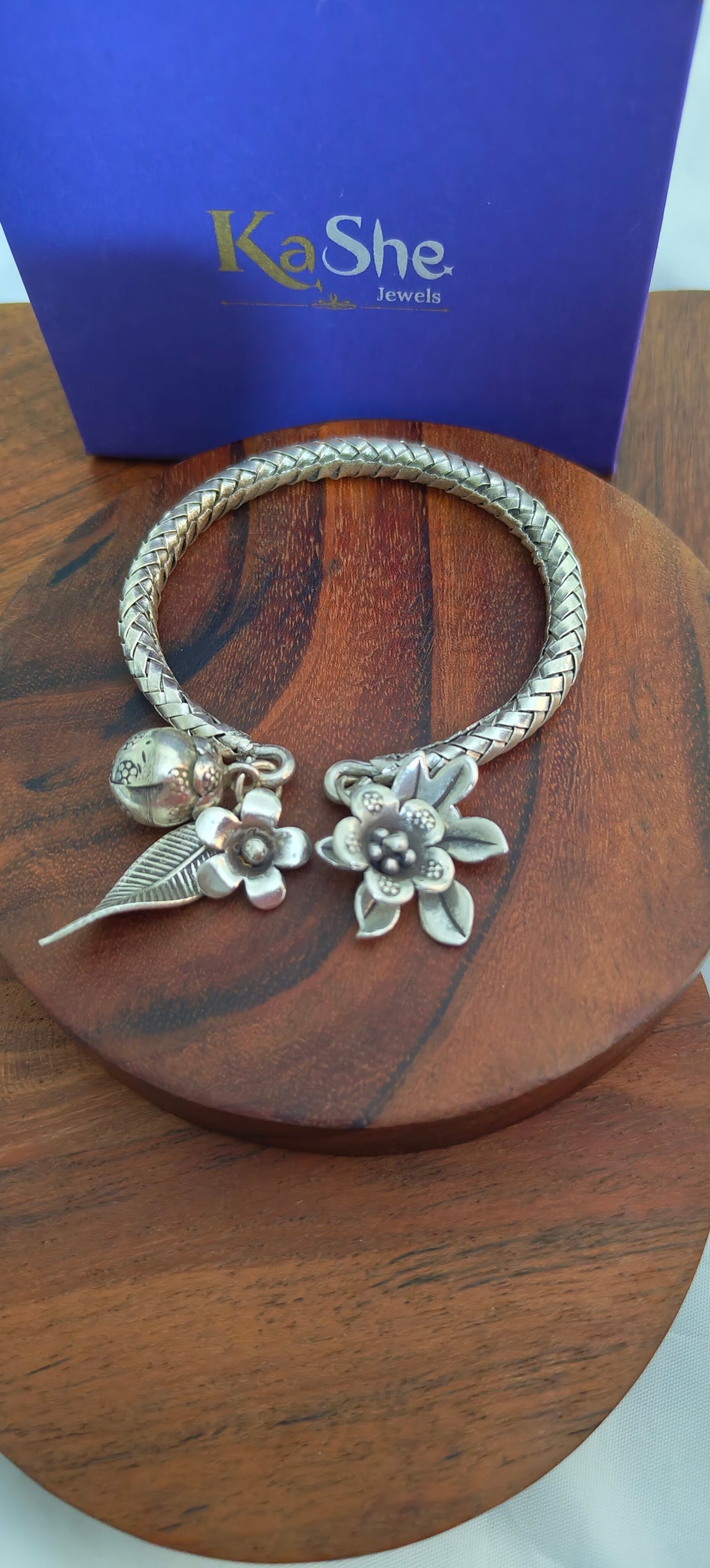 Exclusive Braided Sterling Silver Charms Kada With Flowers, Leaves , Maple Leaf, Charms Textured Ball