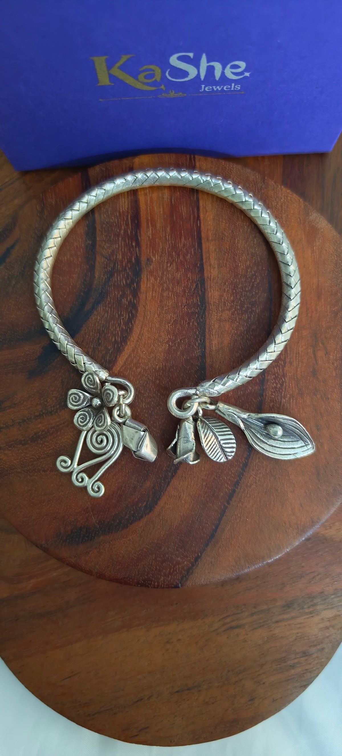 Exclusive Braided Sterling Silver Charms Kada With  Flowers, Leaves Buds