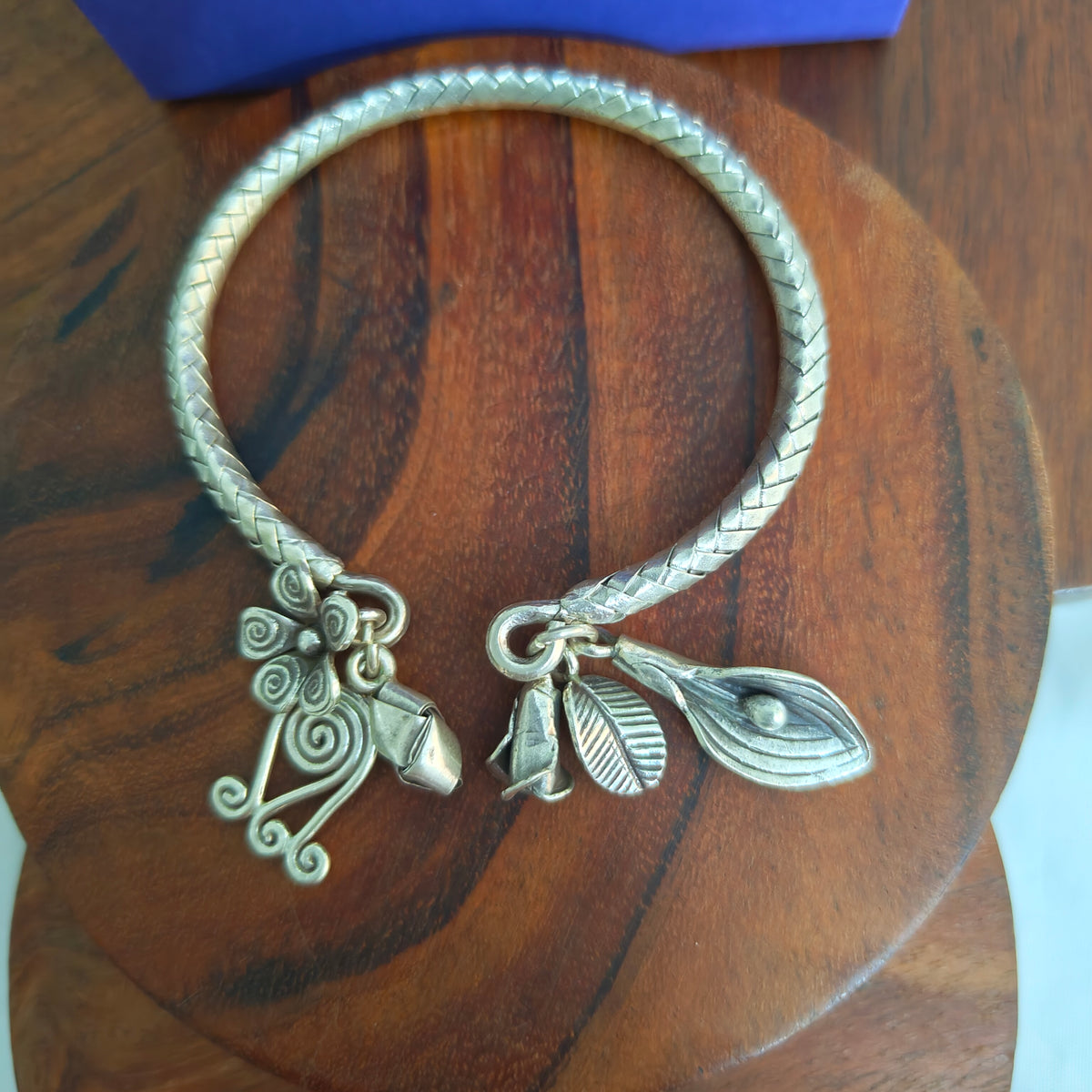 Exclusive Braided Sterling Silver Charms Kada With  Flowers, Leaves Buds