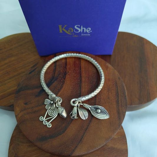 Exclusive Braided Sterling Silver Charms Kada With  Flowers, Leaves Buds