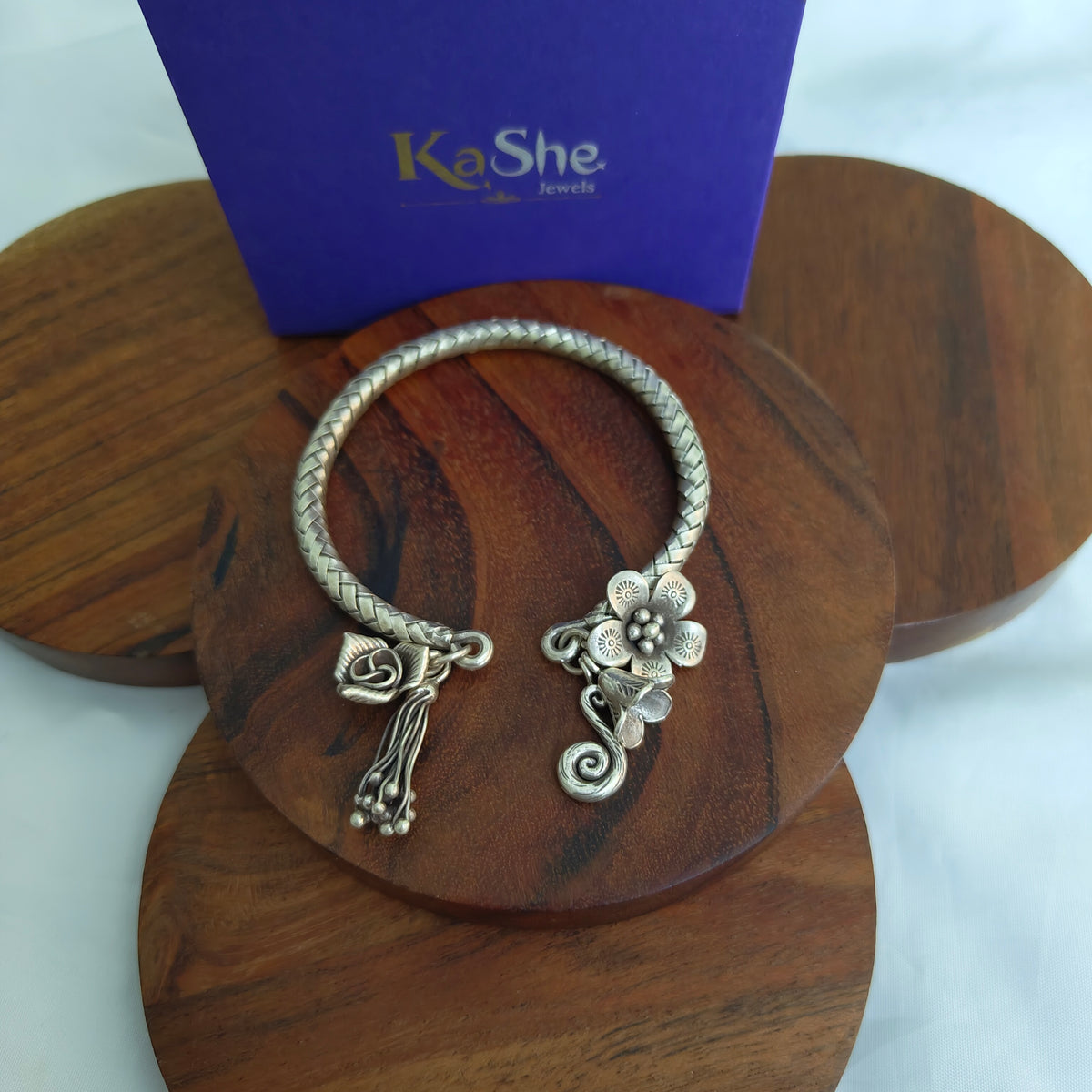 Exclusive Braided Sterling Silver Charms Kada With Flowers, Fauna, Buds, Rose, S Charm
