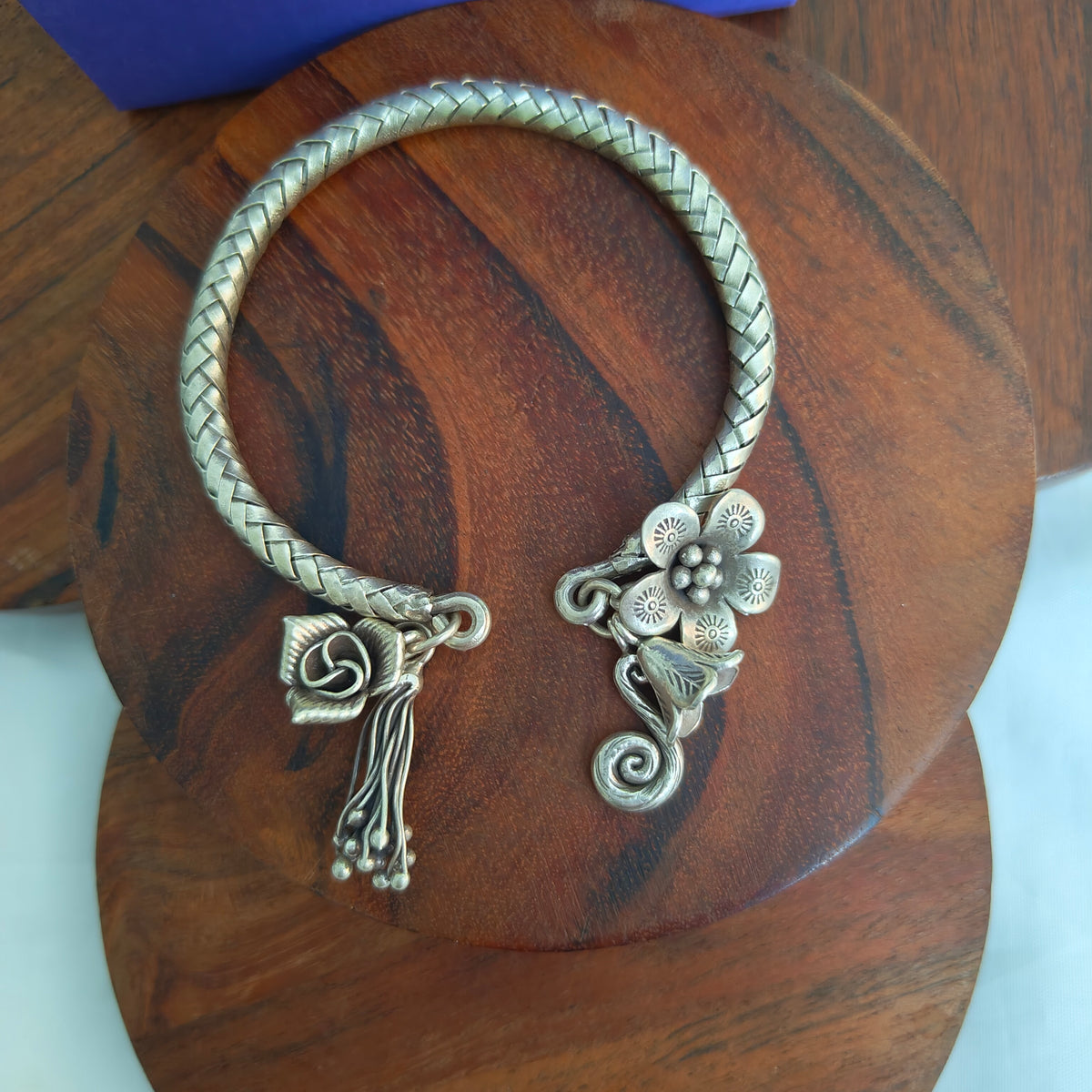 Exclusive Braided Sterling Silver Charms Kada With Flowers, Fauna, Buds, Rose, S Charm