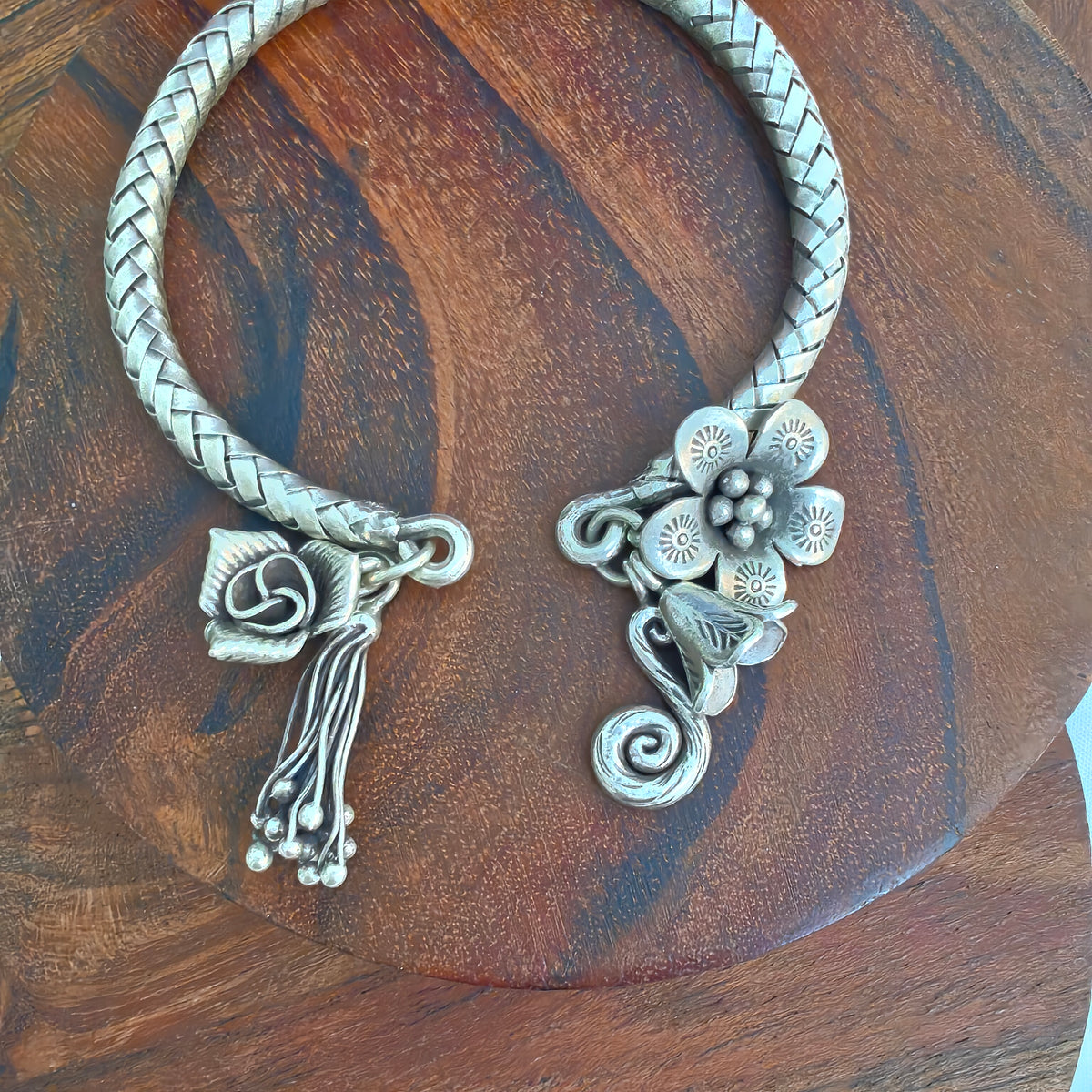 Exclusive Braided Sterling Silver Charms Kada With Flowers, Fauna, Buds, Rose, S Charm