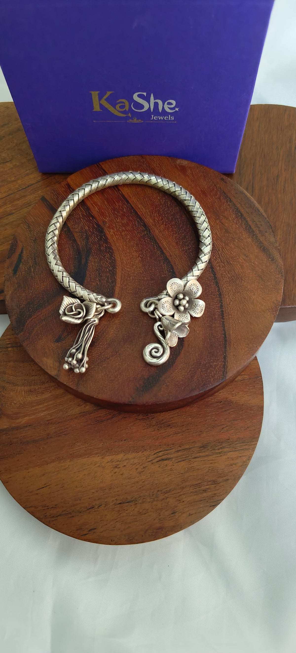 Exclusive Braided Sterling Silver Charms Kada With Flowers, Fauna, Buds, Rose, S Charm