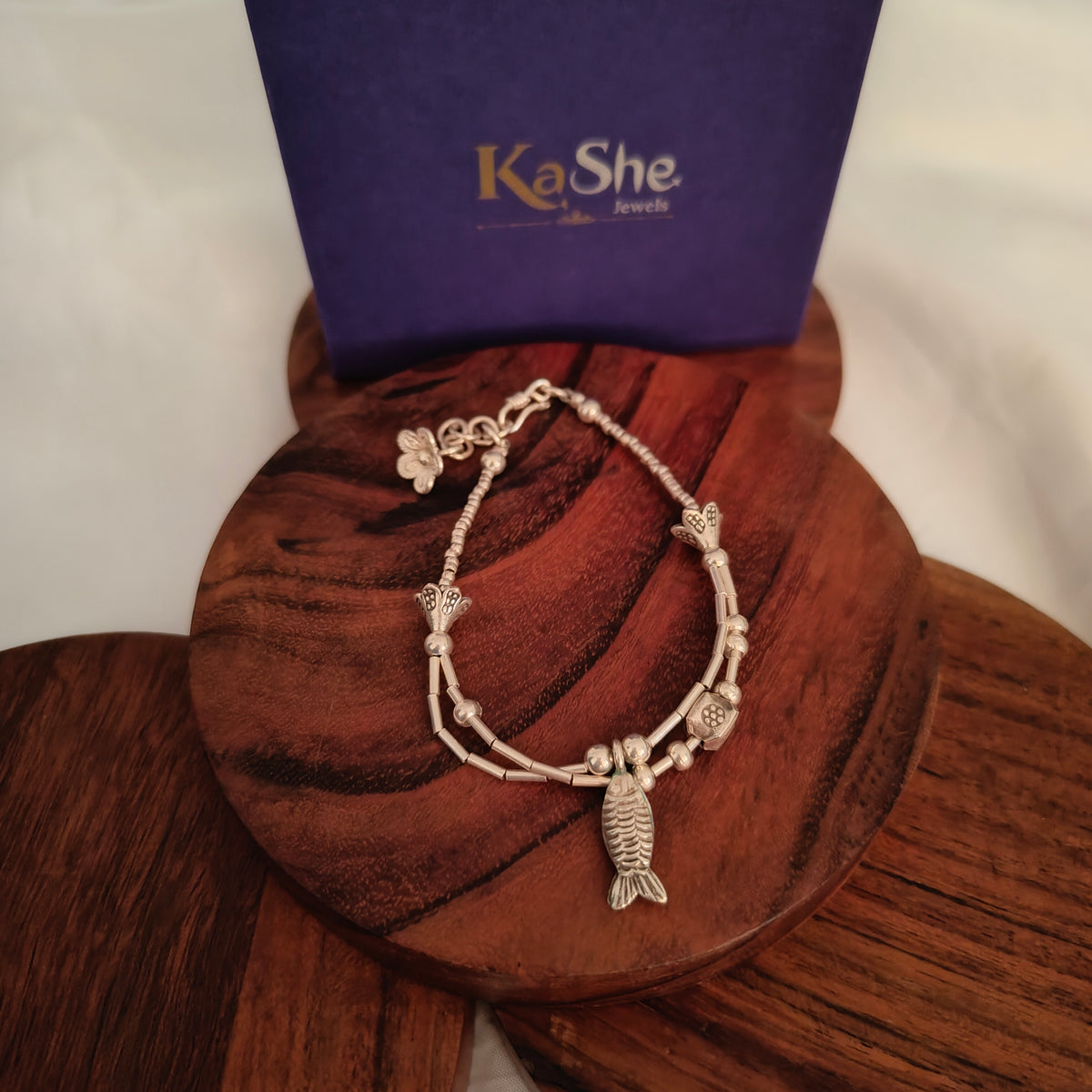 Exquisite Statement Loose Bracelet With Fish Flowers Ball Charms Two Layer