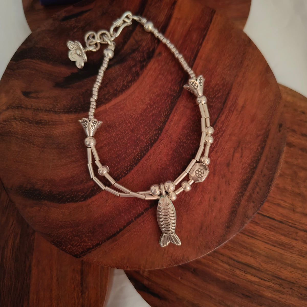 Exquisite Statement Loose Bracelet With Fish Flowers Ball Charms Two Layer