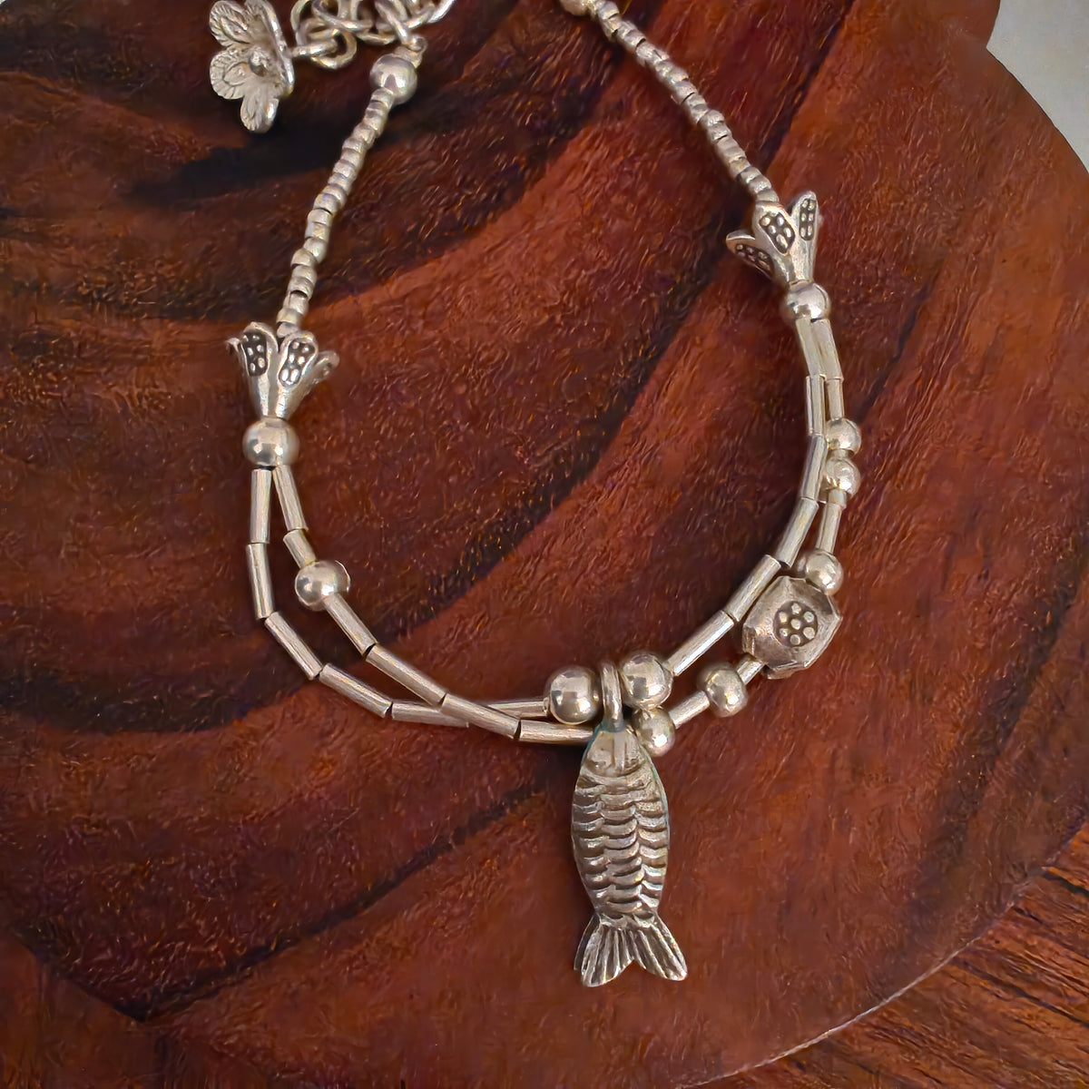Exquisite Statement Loose Bracelet With Fish Flowers Ball Charms Two Layer