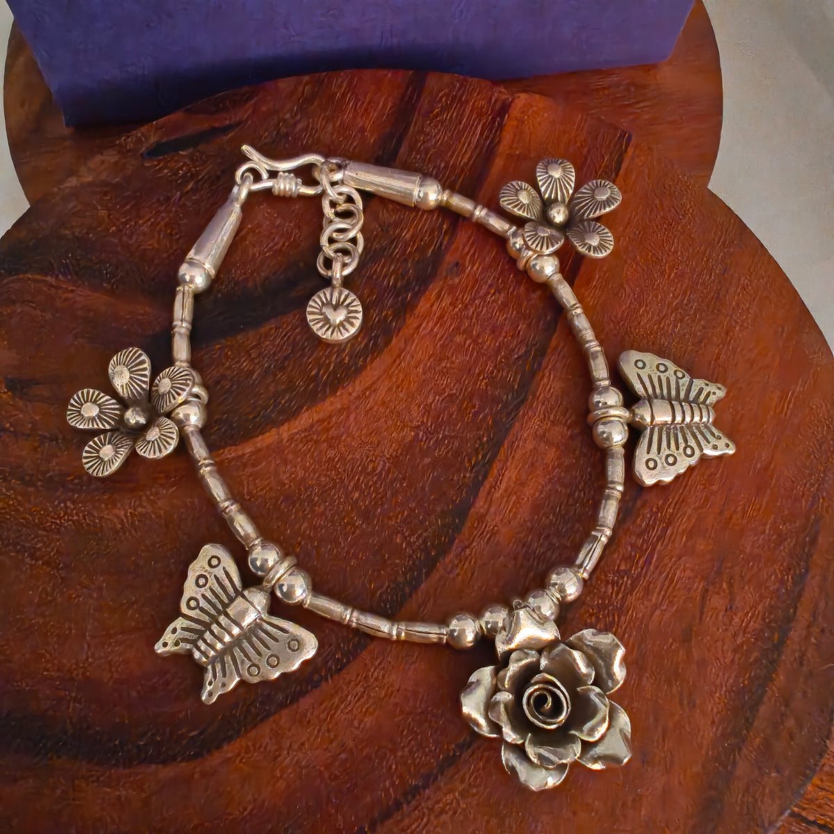 Exquisite Statement Loose Bracelet With Rose Textured Flowers Butterfly Charms