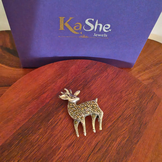 925 Vintage Intricate Elegant Silver Marcasite Deer Royal Mriga Unisex Pendant Brooch