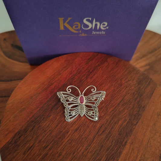 925 Vintage Silver and Marcasite Red Stone Butterfly Brooch Pendant (iv)