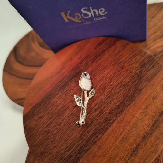 925 Vintage Intricate Elegant Silver Marcasite Rose Pendant Brooch With White Mother of Pearl Small